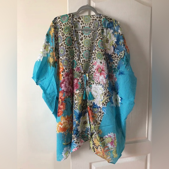 Johnny Was blue leopard floral kimono 30% silk new without tag and label Size L - Picture 3 of 6